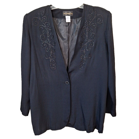 Vintage 90s Black Rayon Beaded Collarless Jacket Blazer Goth Women Size 12 Large - Picture 6 of 8